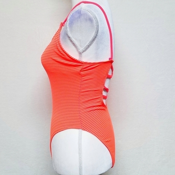 VINTAGE 90s Splash Neon Pink Orange Strappy Back High Rise Swimsuit Medium - Picture 6 of 12